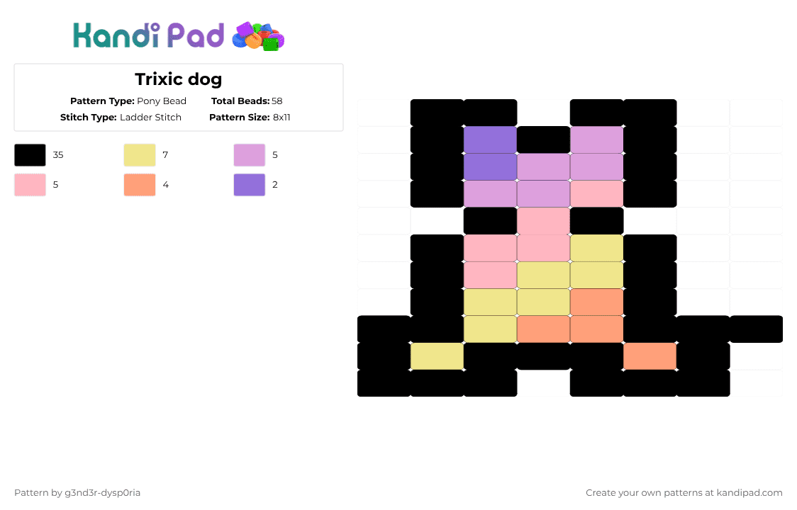 Trixic dog - Pony Bead Pattern by 3nn3r-4ft0n on Kandi Pad - black,pink,yellow