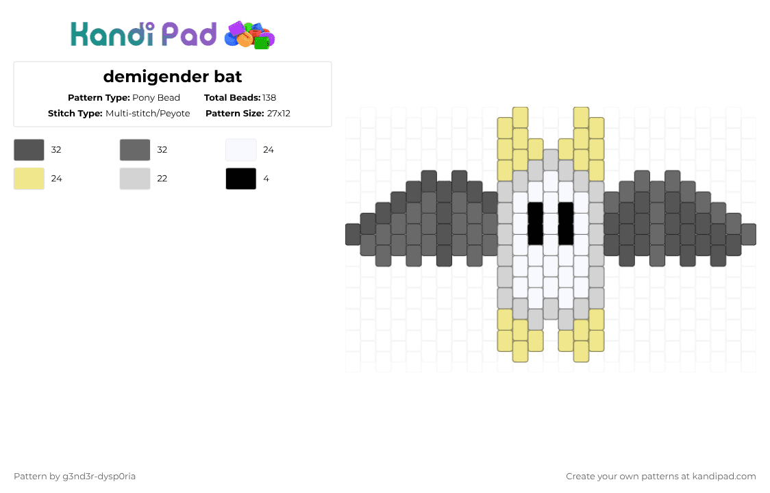 demigender bat - Pony Bead Pattern by 3nn3r-4ft0n on Kandi Pad - gray,yellow
