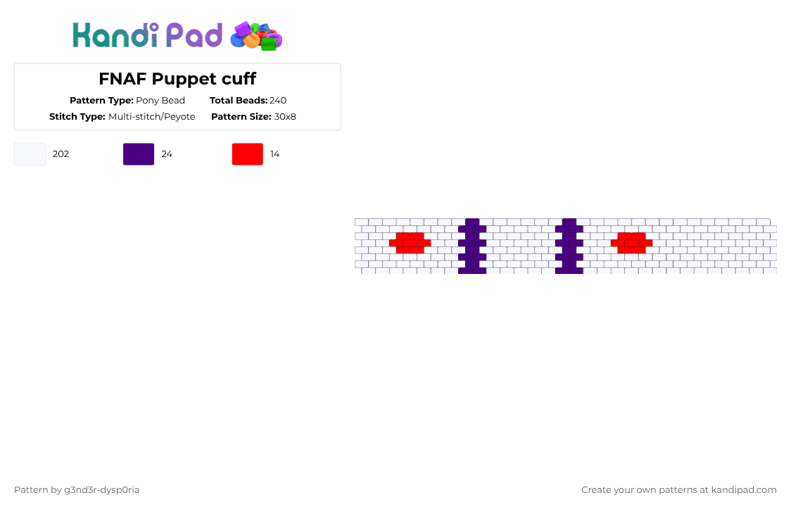 FNAF Puppet cuff - Pony Bead Pattern by 3nn3r-4ft0n on Kandi Pad - white,purple,red