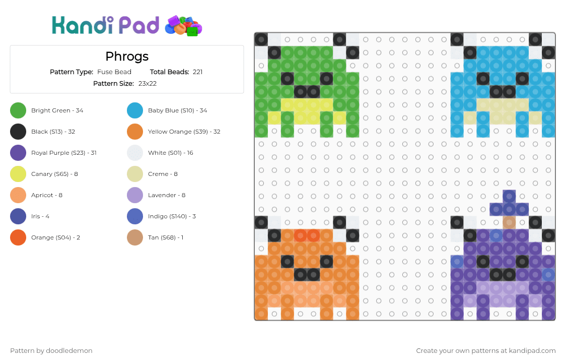 Phrogs - Fuse Bead Pattern by doodledemon on Kandi Pad - green, light blue, orange, purple