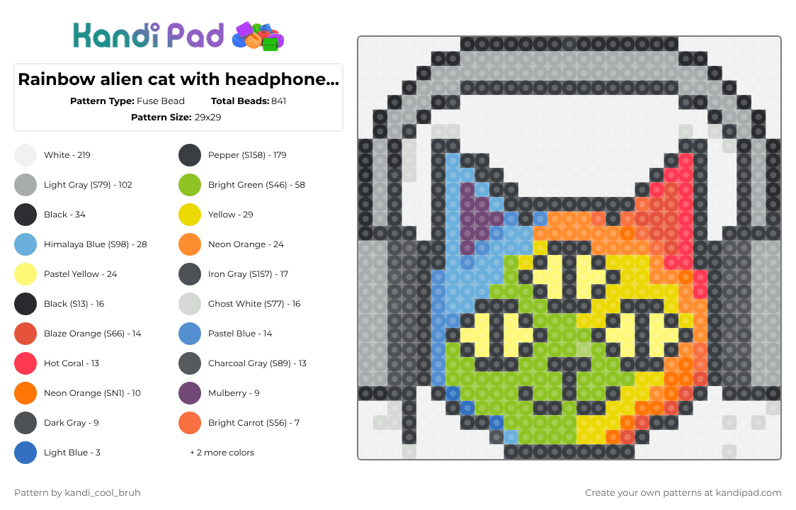 Rainbow alien cat with headphones perler - Fuse Bead Pattern by kandi_cool_bruh on Kandi Pad - white,gray,orange,green,colorful