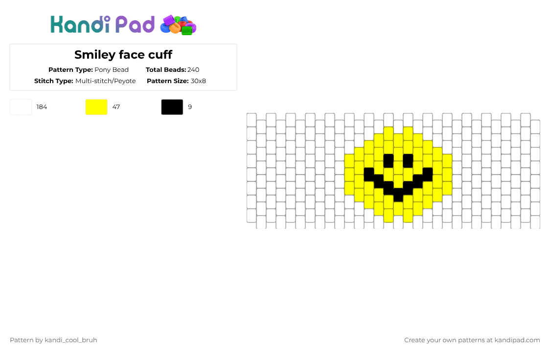 Smiley face cuff Pony Bead Pattern - Kandi Pad | Kandi Patterns, Fuse ...