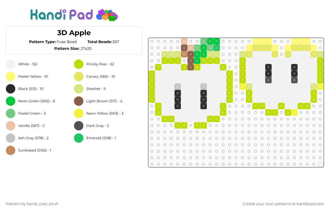 3D Apple - Fuse Bead Pattern by kandi_cool_bruh on Kandi Pad - white,green,yellow