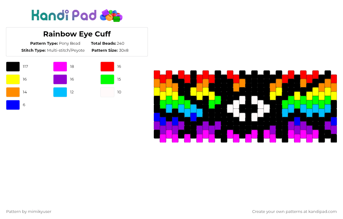Rainbow Eye Cuff - Pony Bead Pattern by mimikyuser on Kandi Pad - black,green,yellow,colorful,eyes,eye,rainbow,cuff,stripes,spooky