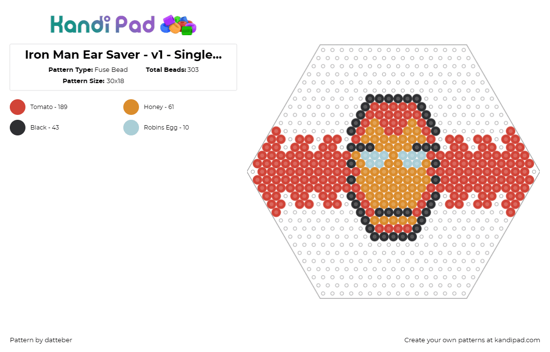 Iron Man Ear Saver - v1 - SingleHexPlate - Fuse Bead Pattern by datteber on Kandi Pad - iron man,ear plugs,marvel,superhero,mask,red,orange