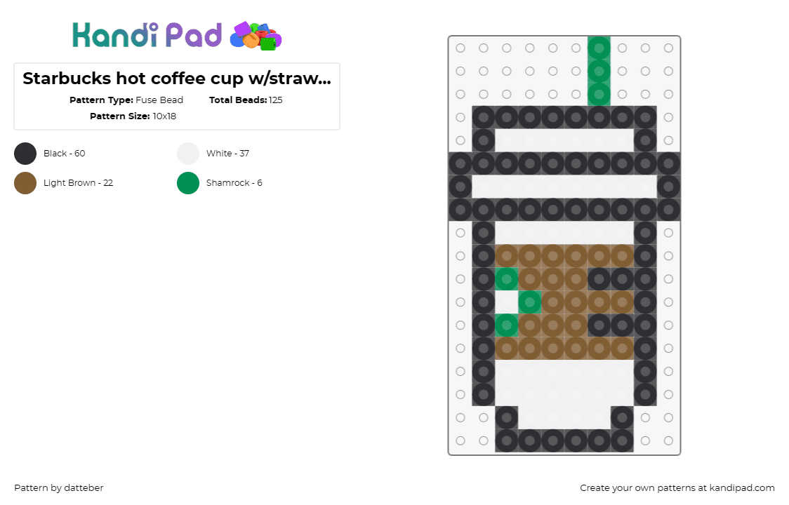 Starbucks hot coffee cup w/straw (Kristin\'s)(29X29 panel) - Fuse Bead Pattern by datteber on Kandi Pad - starbucks,coffee,cup,mug,drink,food,straw,white,brown