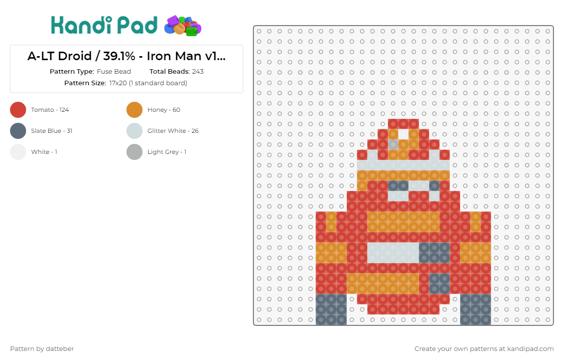 A-LT Droid / 39.1% - Iron Man v1 (small - 1 panel) - Fuse Bead Pattern by datteber on Kandi Pad - star wars,iron man,droids,scifi,movies,robots