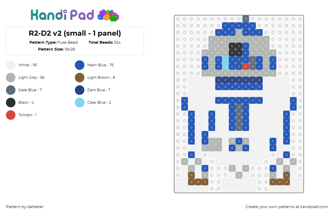 R2-D2 v2 (small - 1 panel) - Fuse Bead Pattern by datteber on Kandi Pad - star wars,r2d2,movies,scifi,robots,droids
