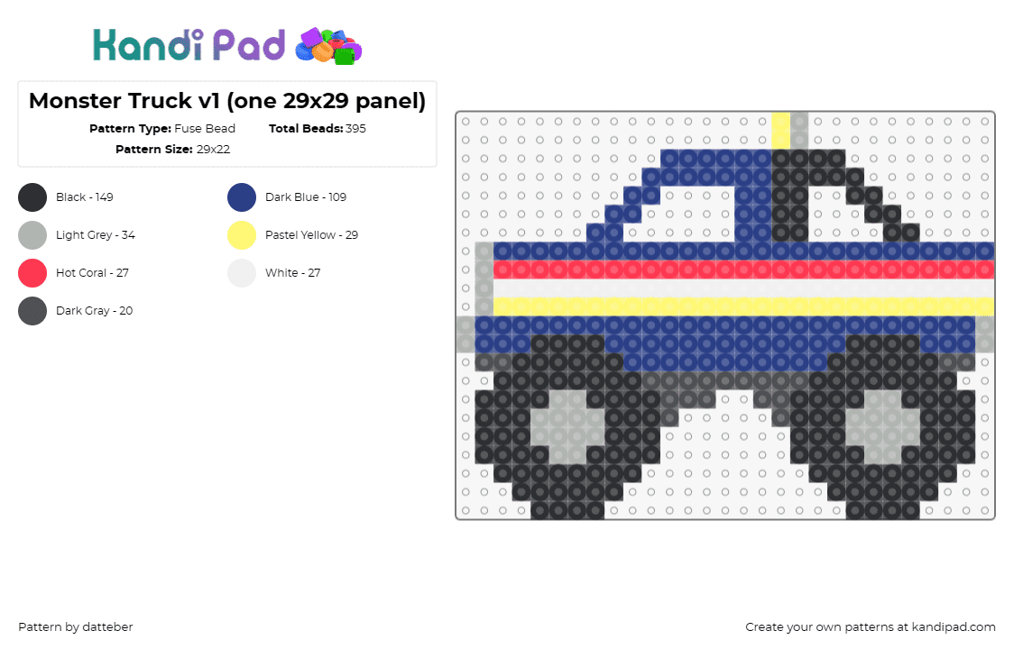 Monster Truck v1 (one 29x29 panel) - Fuse Bead Pattern by datteber on Kandi Pad - monster truck,car,vehicle,automobile,stripes,black,blue