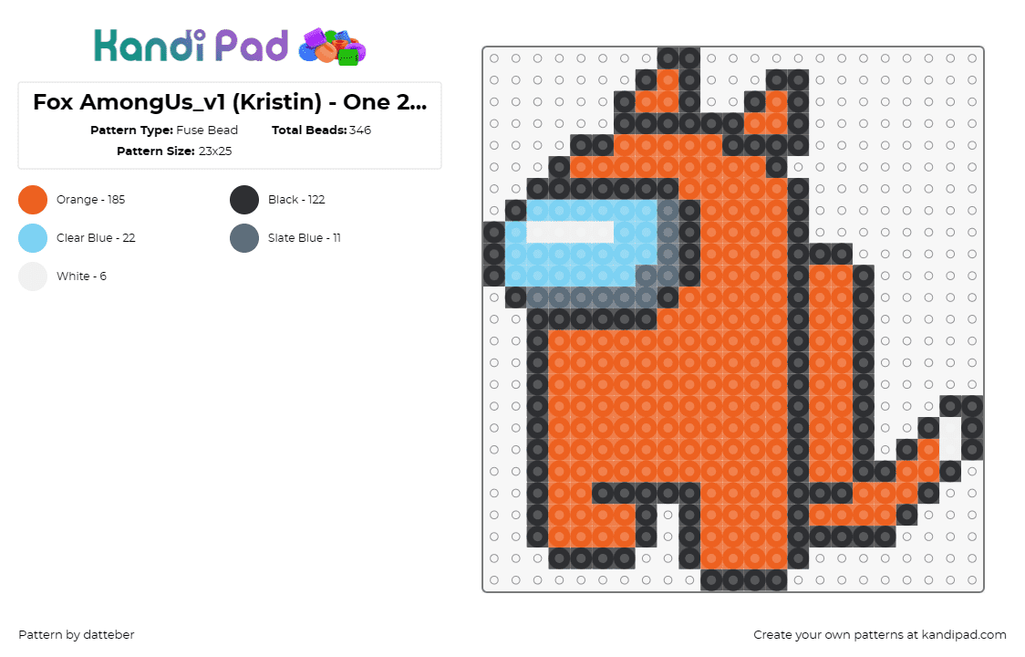 Fox AmongUs_v1 (Kristin) - One 29x29 panel - Fuse Bead Pattern by datteber on Kandi Pad - among us,fox,costume,animal,video game,character,orange,light blue