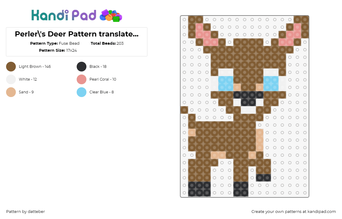 Perler\'s Deer Pattern translated to one 29x29 panel - Fuse Bead Pattern by datteber on Kandi Pad - deer,animal,cute,brown