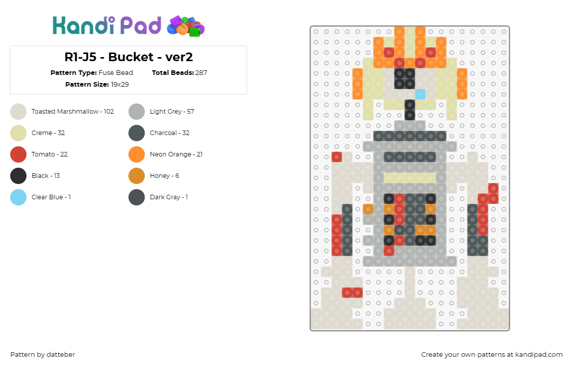 R1-J5 - Bucket - ver2 - Fuse Bead Pattern by datteber on Kandi Pad - star wars,r1j5,bucket,movies,scifi,robots,droids