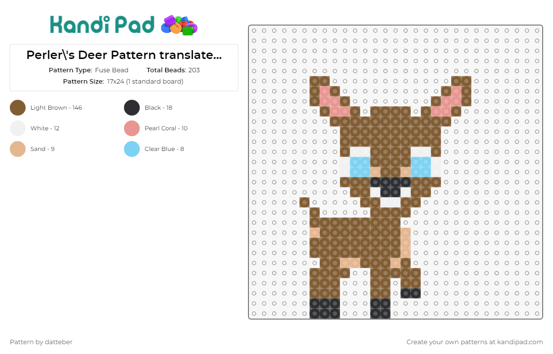 Perler\'s Deer Pattern translated to one 29x29 panel - Fuse Bead Pattern by datteber on Kandi Pad - deer,animals,cute,small