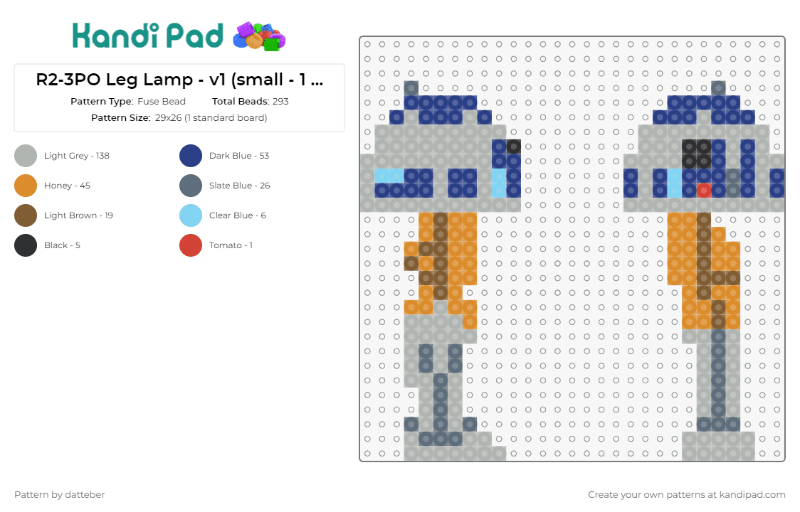 R2-3PO Leg Lamp - v1 (small - 1 panel) - Fuse Bead Pattern by datteber on Kandi Pad - star wars,r23po,leg lamp,christmas story