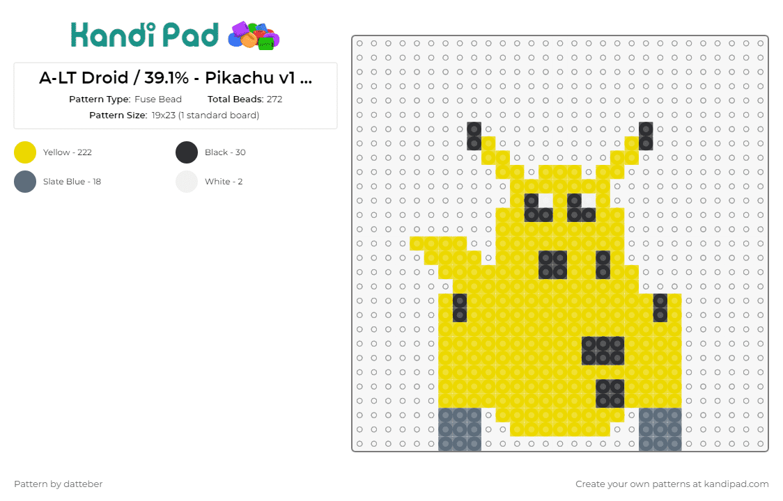 A-LT Droid / 39.1% - Pikachu v1 (small - 1 panel) - Fuse Bead Pattern by datteber on Kandi Pad - star wars,pikachu,pokemon,droids,scifi,cartoon,movies