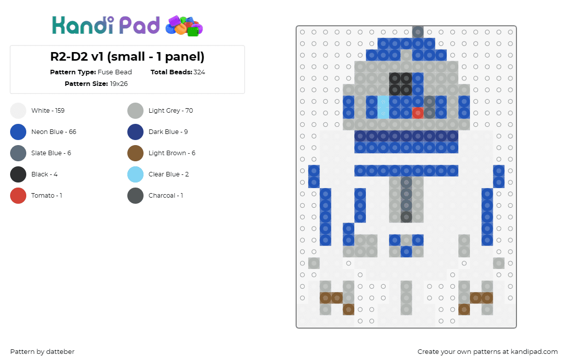 R2-D2 v1 (small - 1 panel) - Fuse Bead Pattern by datteber on Kandi Pad - star wars,r2d2,movies,scifi,robots,droids
