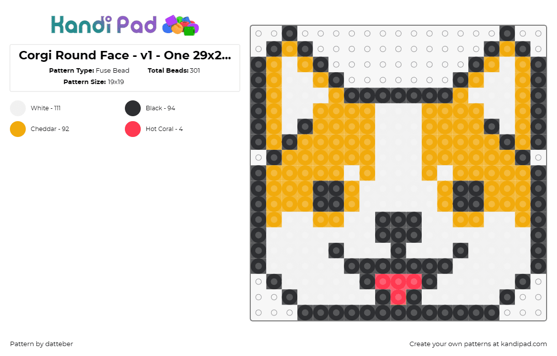 Corgi Round Face - v1 - One 29x29 panel - Fuse Bead Pattern by datteber on Kandi Pad - corgi,dogs,animals