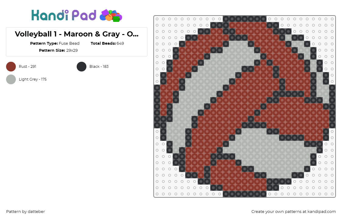 Volleyball 1 - Maroon & Gray - One 29x29 panel - Fuse Bead Pattern by datteber on Kandi Pad - volleyball,sports,ball,maroon,gray