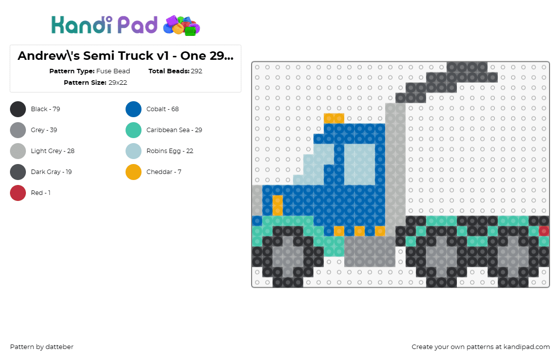 Andrew\'s Semi Truck v1 - One 29x29 board - Fuse Bead Pattern by datteber on Kandi Pad - semi truck,car,automobile,vehicle,diesel,transportation,wheels,blue,teal