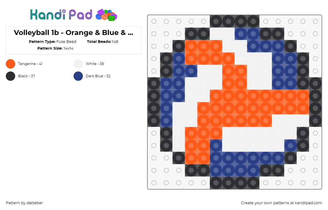 Volleyball 1b - Orange & Blue & White - One 29x29 panel - Fuse Bead Pattern by datteber on Kandi Pad - volleyball,sports,simple,ball,orange,blue,white