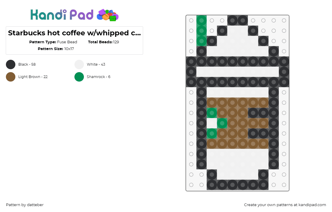 Starbucks hot coffee w/whipped cream (Kristin\'s)(29X29 panel) - Fuse Bead Pattern by datteber on Kandi Pad - starbucks,coffee,mug,drink,food
