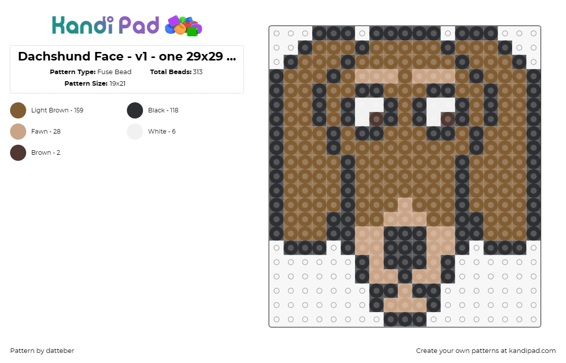 Dachshund Face - v1 - one 29x29 panel - Fuse Bead Pattern by datteber on Kandi Pad - dachshund,dogs,animals