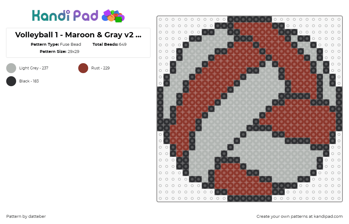 Volleyball 1 - Maroon & Gray v2 - one 29x29 panel - Fuse Bead Pattern by datteber on Kandi Pad - volleyball,sports,ball,grayscale,white