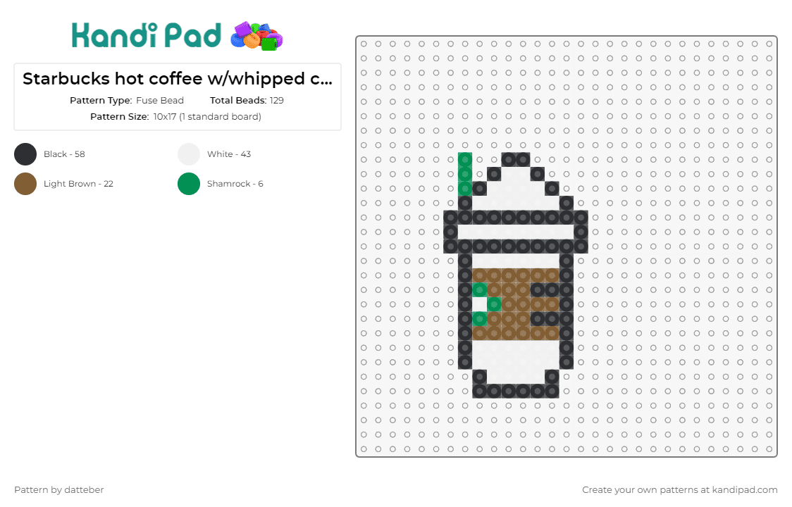 Starbucks hot coffee w/whipped cream (Kristin\'s)(29X29 panel) - Fuse Bead Pattern by datteber on Kandi Pad - starbucks,coffee,mug,drink,food