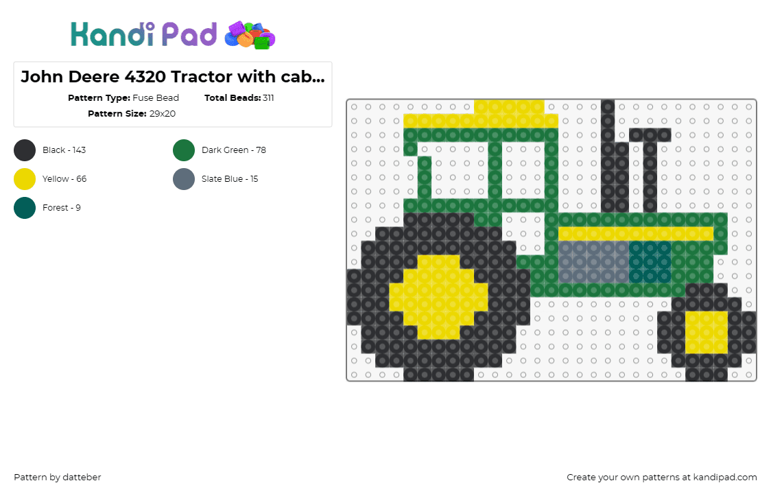 John Deere 4320 Tractor with cab - sm 1 panel 29x29 - Fuse Bead Pattern by datteber on Kandi Pad - john deere,tractors,vehicles,cars