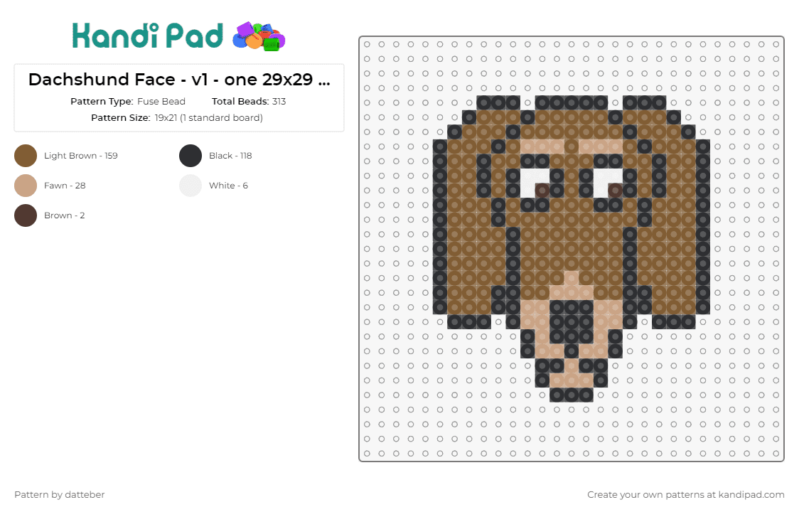 Dachshund Face - v1 - one 29x29 panel - Fuse Bead Pattern by datteber on Kandi Pad - dachshund,dogs,animals