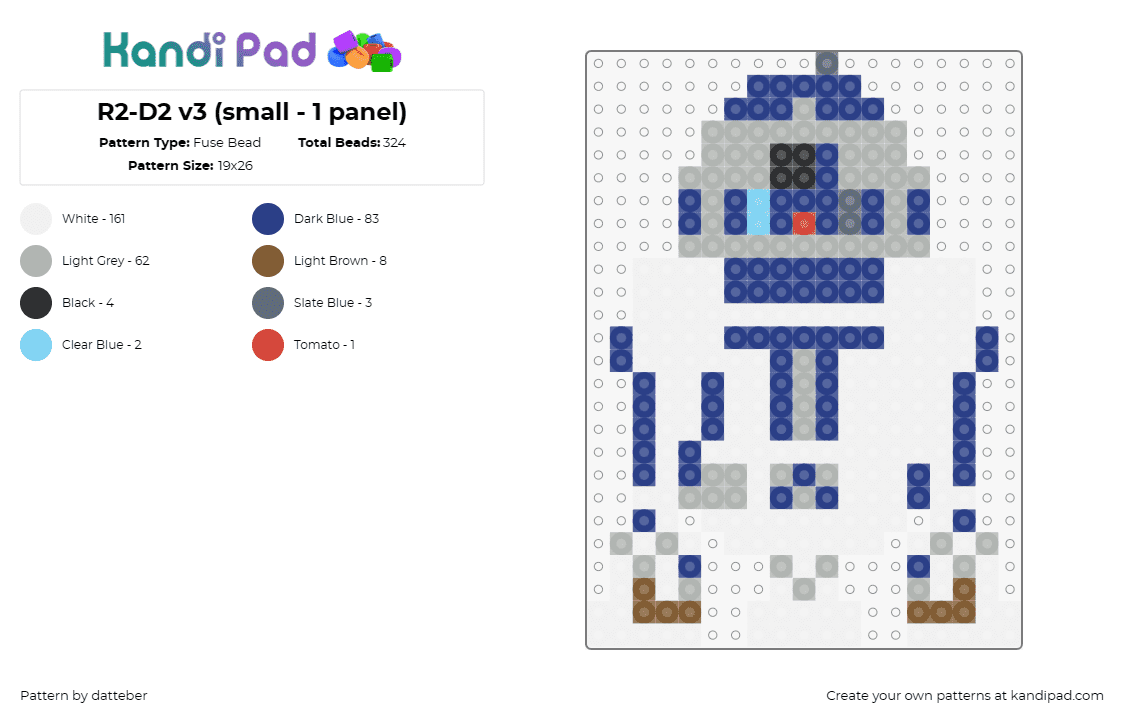 R2-D2 v3 (small - 1 panel) - Fuse Bead Pattern by datteber on Kandi Pad - star wars,r2d2,scifi,movies,robots,droids