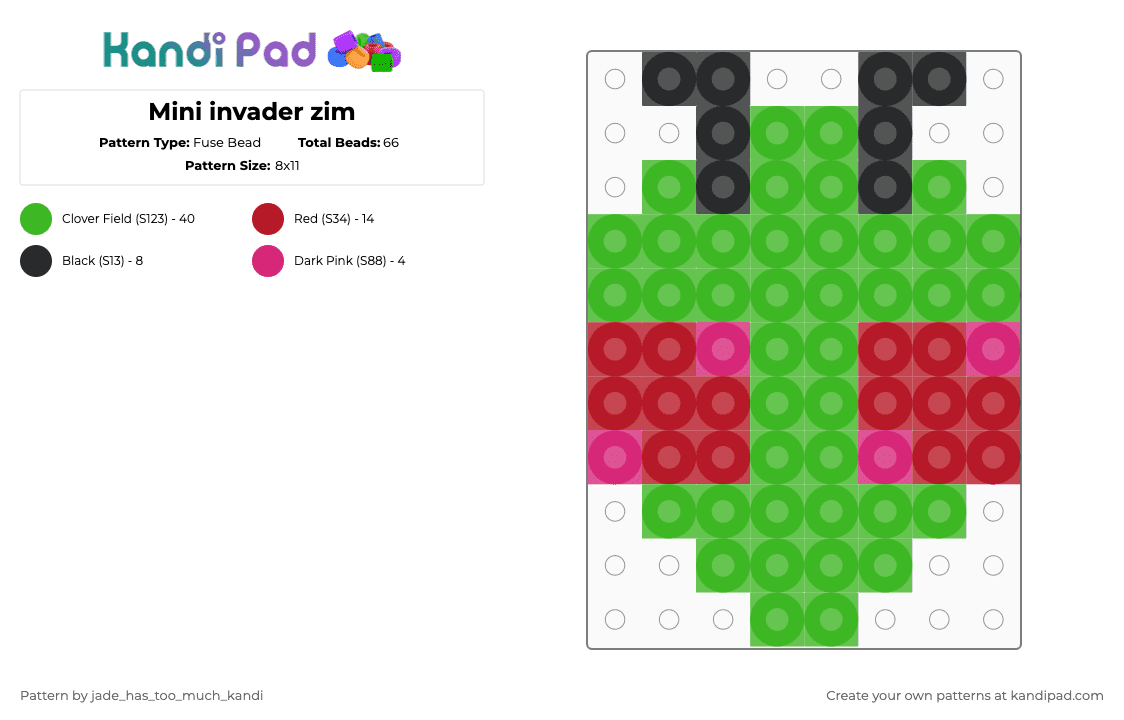 Mini invader zim - Fuse Bead Pattern by jade_has_too_much_kandi on Kandi Pad - green