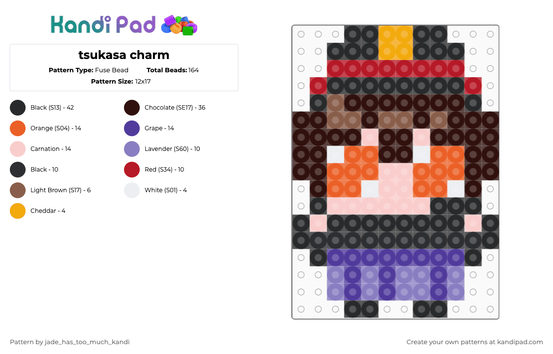 tsukasa charm - Fuse Bead Pattern by jade_has_too_much_kandi on Kandi Pad - brown,orange,purple,beige,toilet bound hanako kun,tbhk,jshk,tsucasa,tsukasa,anime