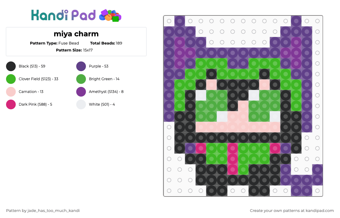 miya charm - Fuse Bead Pattern by jade_has_too_much_kandi on Kandi Pad - purple,green,sk8,skate the infinity,anime,miya