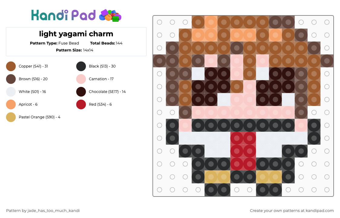 light yagami charm - Fuse Bead Pattern by jade_has_too_much_kandi on Kandi Pad - tan,brown,death note,light,yagami,imagay,anime