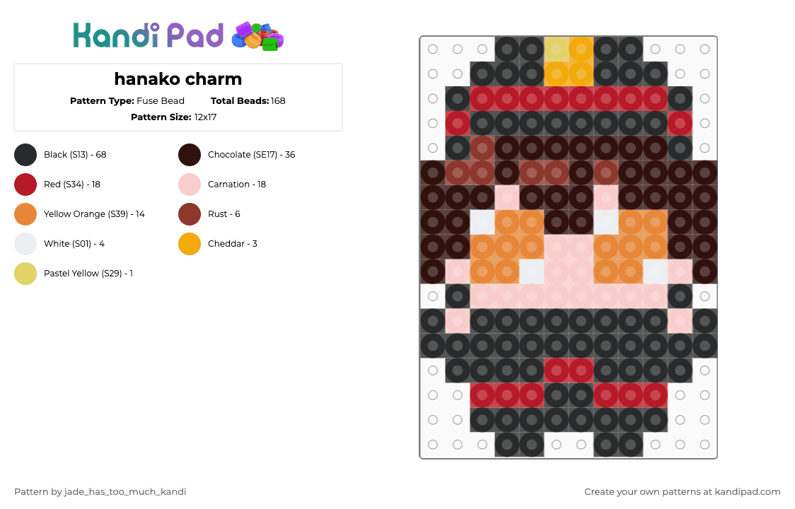 hanako charm - Fuse Bead Pattern by jade_has_too_much_kandi on Kandi Pad - brown,red,beige,toilet bound hanako kun,tbhk,jshk,hanako