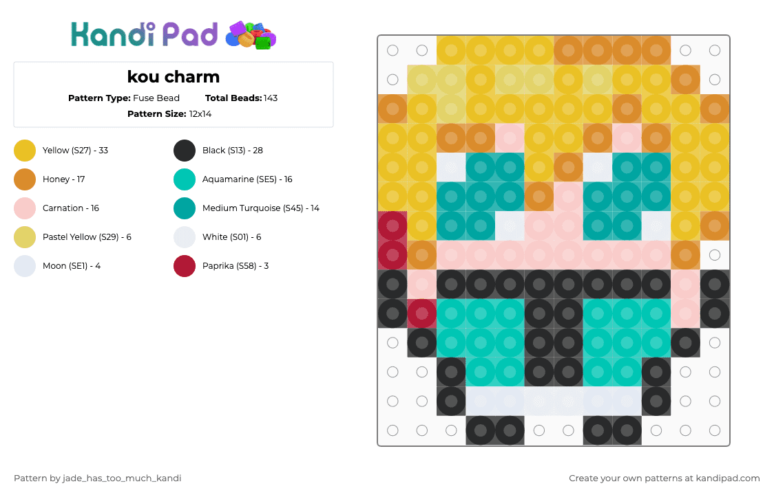 kou charm - Fuse Bead Pattern by jade_has_too_much_kandi on Kandi Pad - yellow,teal,kou,toilet bound hanako kun,tbhk,jshk,anime