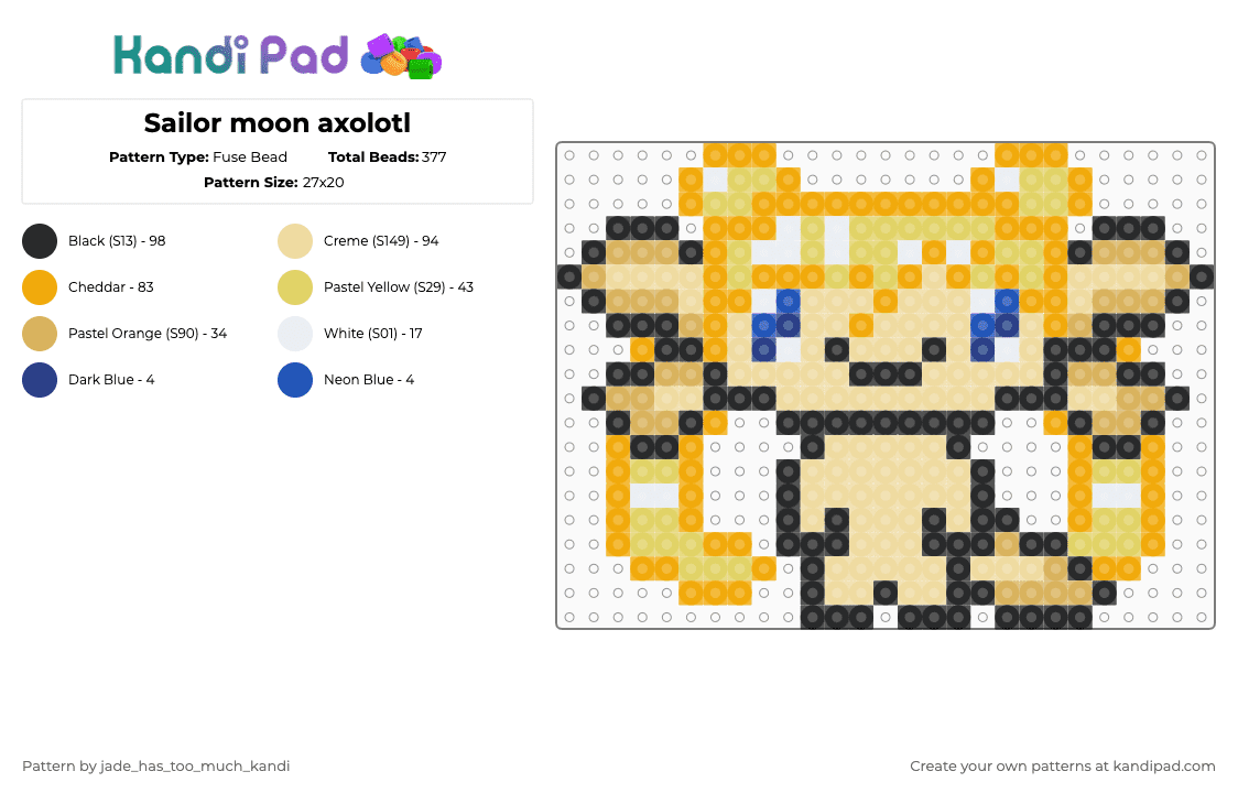 Sailor moon axolotl - Fuse Bead Pattern by jade_has_too_much_kandi on Kandi Pad - orange,beige,anime,sailor moon,axolotl,cartoon,cute