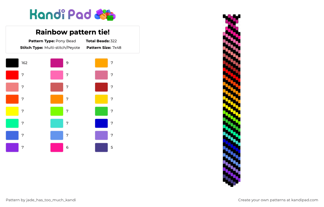 Rainbow pattern tie! - Pony Bead Pattern by jade_has_too_much_kandi on Kandi Pad - black, pink, purple, red