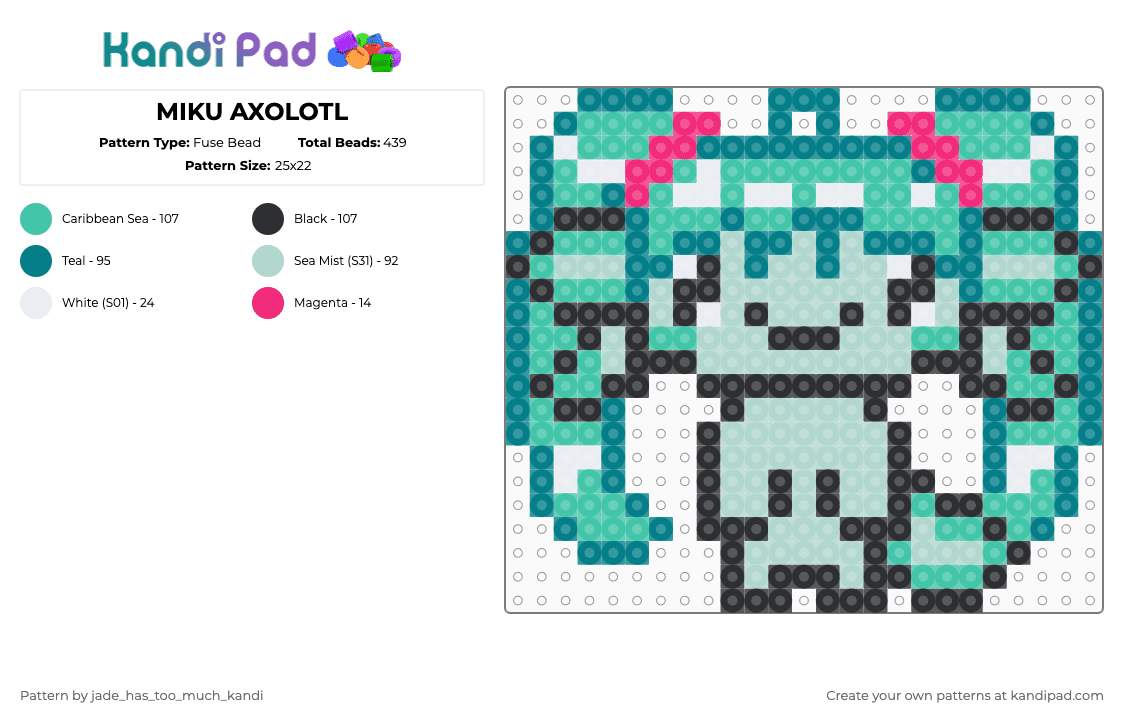 MIKU AXOLOTL - Fuse Bead Pattern by jade_has_too_much_kandi on Kandi Pad - teal,miku,axolotl,miku charm,vocaloid,anime,cartoon