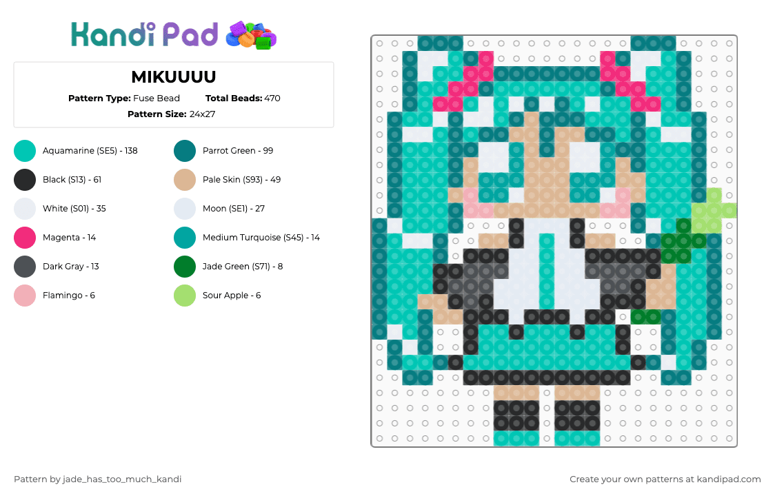 MIKUUUU - Fuse Bead Pattern by jade_has_too_much_kandi on Kandi Pad - teal,miku,vocaloid