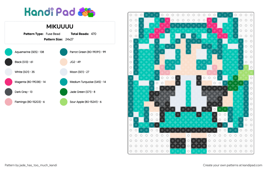 MIKUUUU - Fuse Bead Pattern by jade_has_too_much_kandi on Kandi Pad - miku, teal, vocaloid