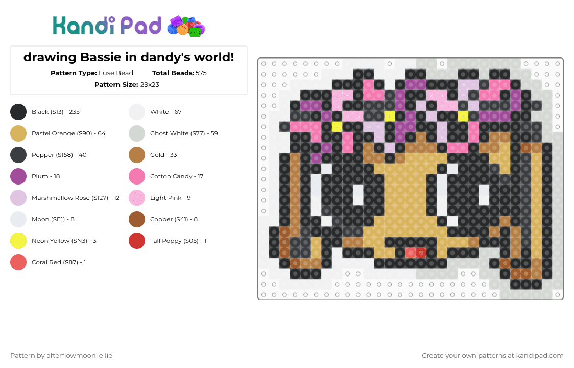 drawing Bassie in dandy\'s world! - Fuse Bead Pattern by afterflowmoon_ellie on Kandi Pad - black,white,orange,pink,colorful