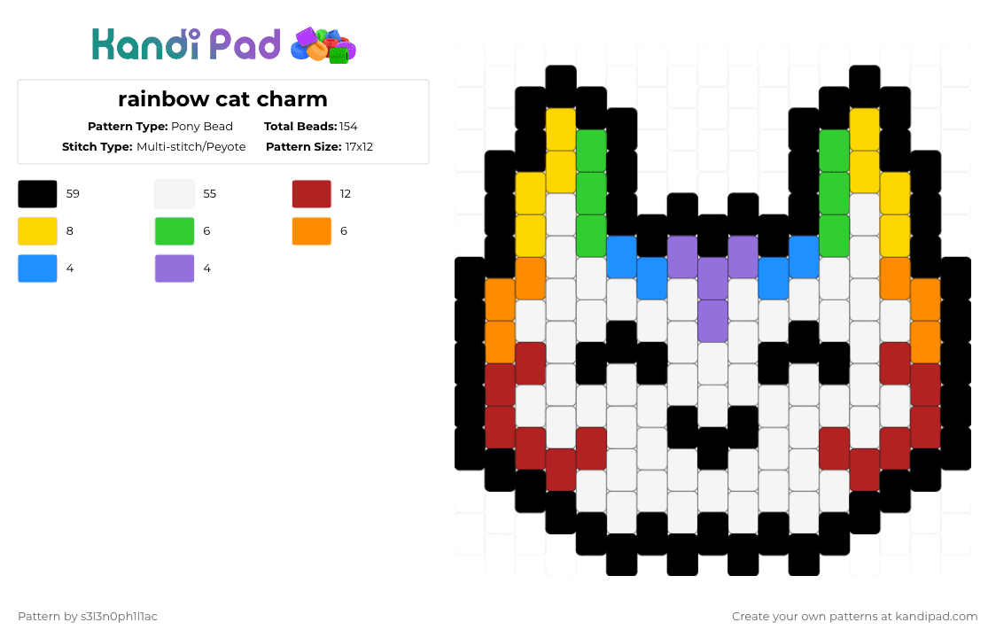rainbow cat charm - happy - Pony Bead Pattern by s3l3n0ph1l1ac on Kandi Pad - white,yellow,red,rainbow,cat,charm,keychain,colorful,happy