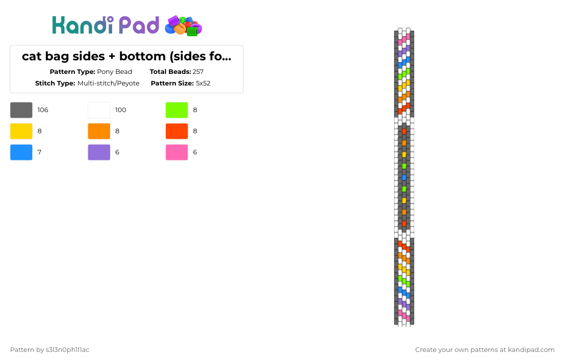 cat bag sides + bottom (sides fold up to make the bag) - Pony Bead Pattern by s3l3n0ph1l1ac on Kandi Pad - white,gray,cat,bag,scene,rainbow,color