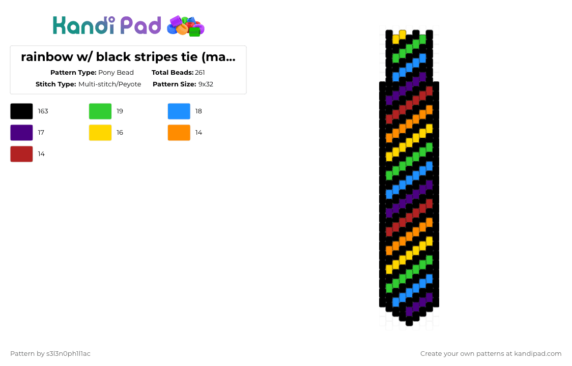 rainbow w/ black stripes tie (main) - Pony Bead Pattern by s3l3n0ph1l1ac on Kandi Pad - black,green,purple,colorful