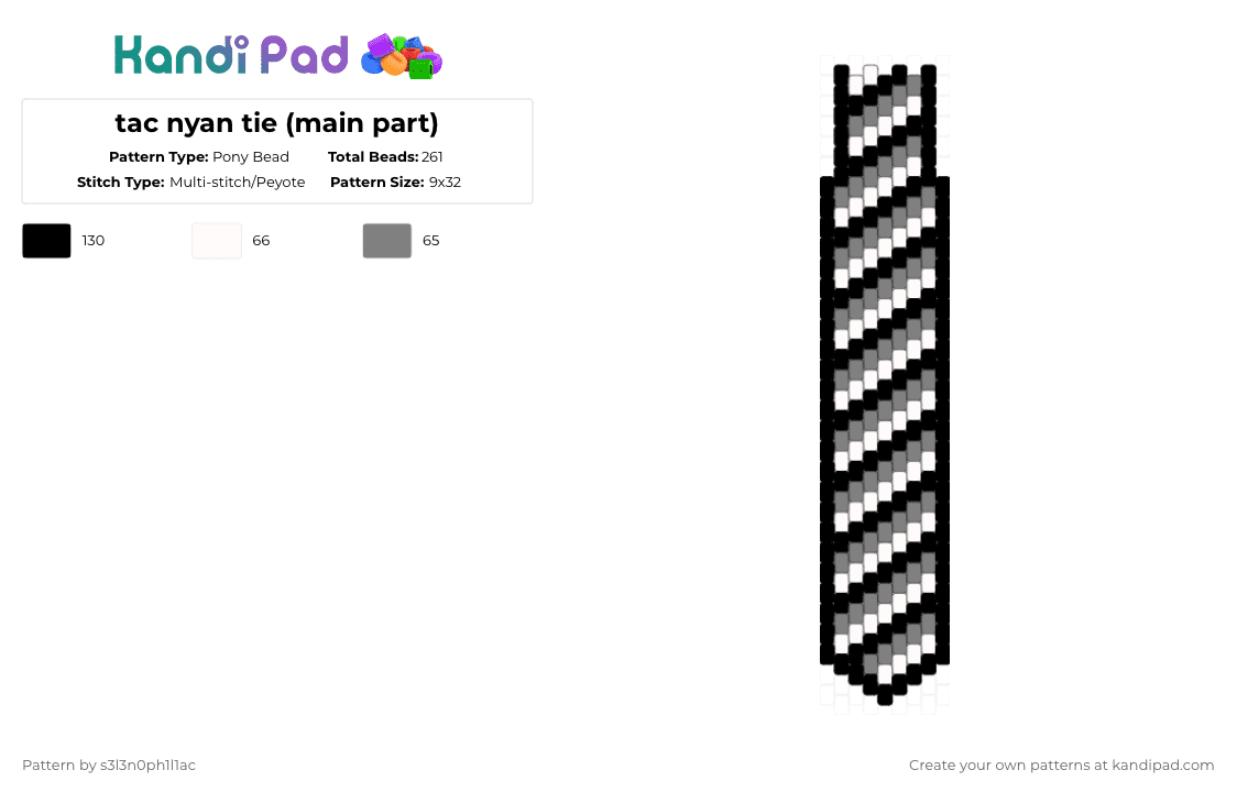 tac nyan tie (main) - Pony Bead Pattern by s3l3n0ph1l1ac on Kandi Pad - gray,white,tacnayn,blackandwhite,greyscale,grayscale,nyancat