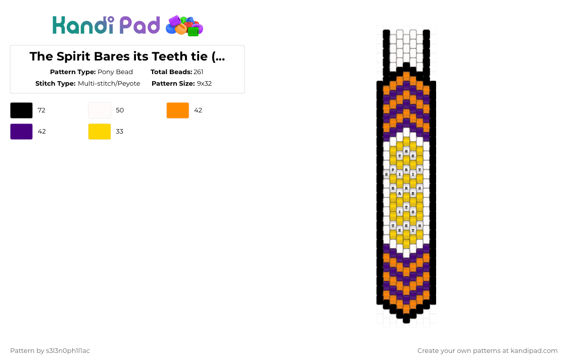 The Spirit Bares its Teeth tie (main) - Pony Bead Pattern by s3l3n0ph1l1ac on Kandi Pad - orange,purple