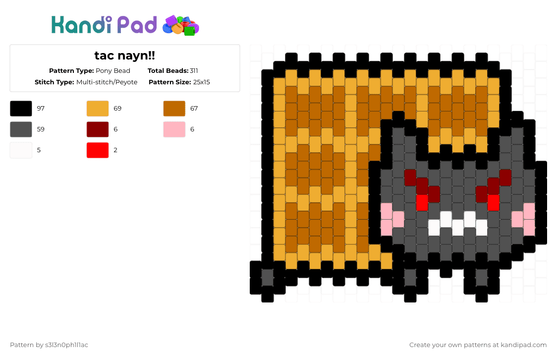 tac nayn!! - Pony Bead Pattern by s3l3n0ph1l1ac on Kandi Pad - orange,gray,nyan,nyancat,tacnayn,cat,tac,nayn