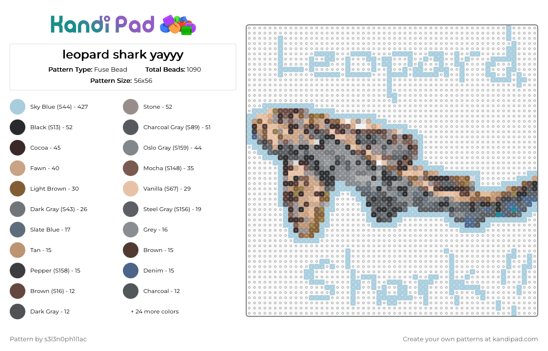 leopard shark yayyy - Fuse Bead Pattern by s3l3n0ph1l1ac on Kandi Pad - beige,gray,light blue,shark,leopard,leopardshark